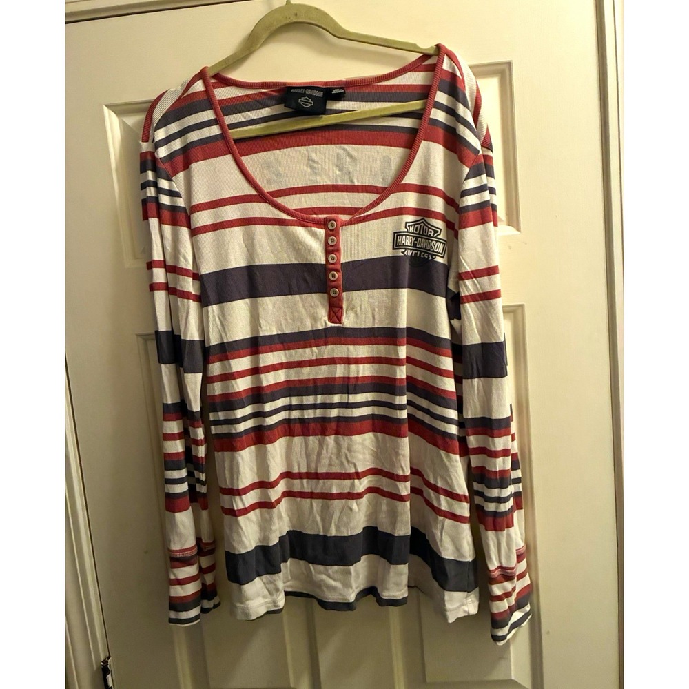 Harley-Davidson Motor Cycles Striped Long Sleeve Henley Shirt, Size 2XL